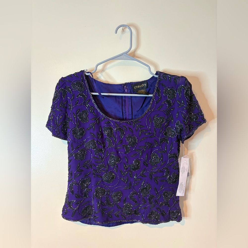 Anthropologie Chaudry Blueberry Silk Beaded Short Sleeve Blouse